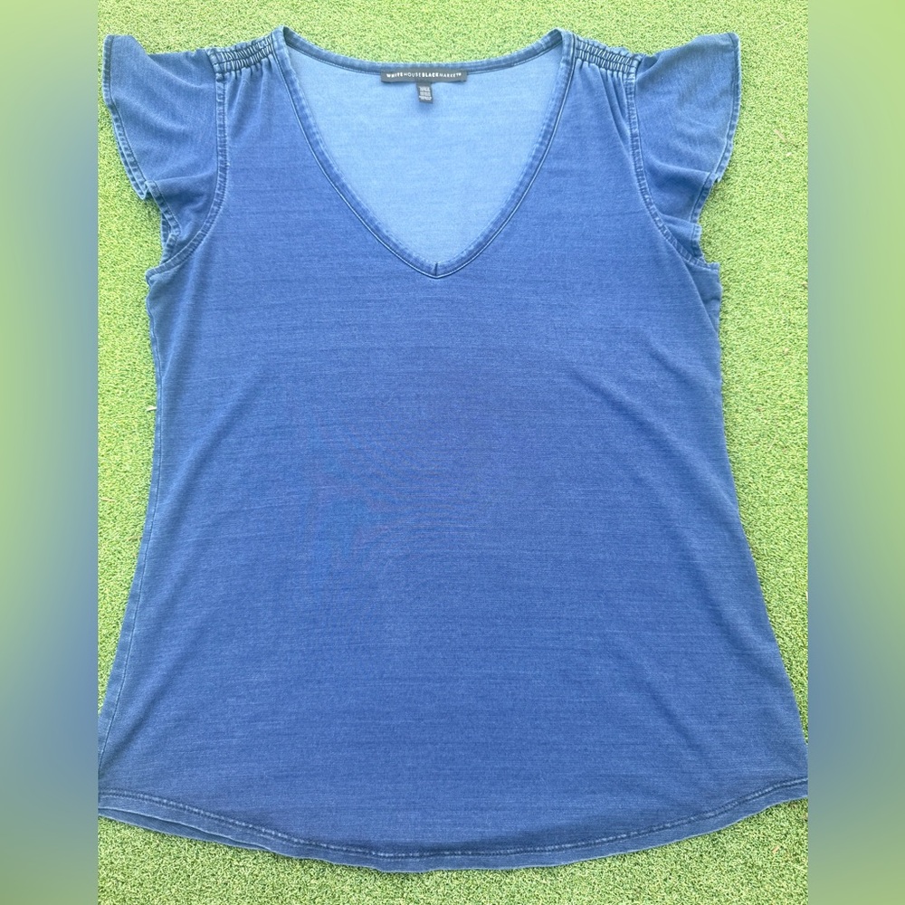 White House Black Market Chambray Blue V-Neck Ruffle Sleeve Tank Tee